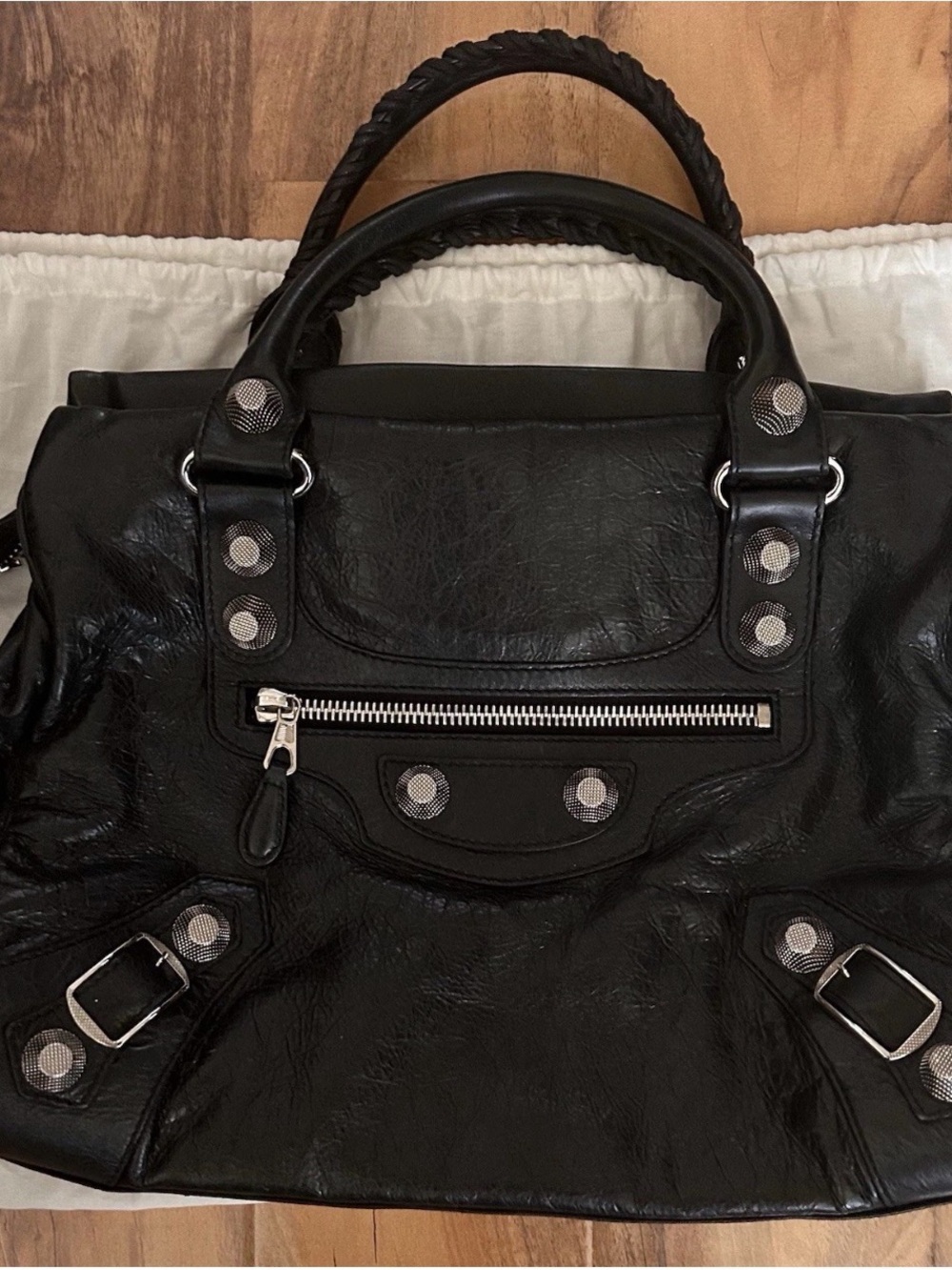Balenciaga Black Leather Braided-Handle Shoulder Bag with Silver Hardware